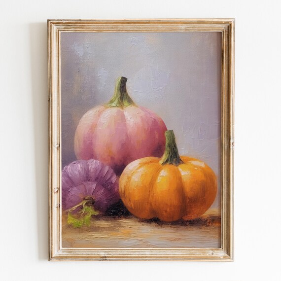Pink Orange Purple Pumpkins Still Life Pastel Fall Harvest Kitchen Poster