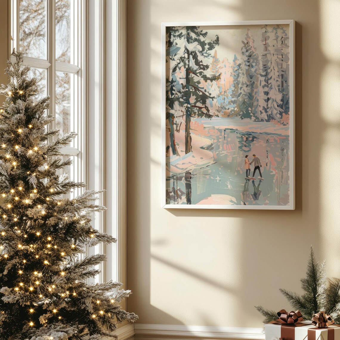 Couple Ice Skating Frozen Lake Snowy Forest Winter Art Poster - Image 4