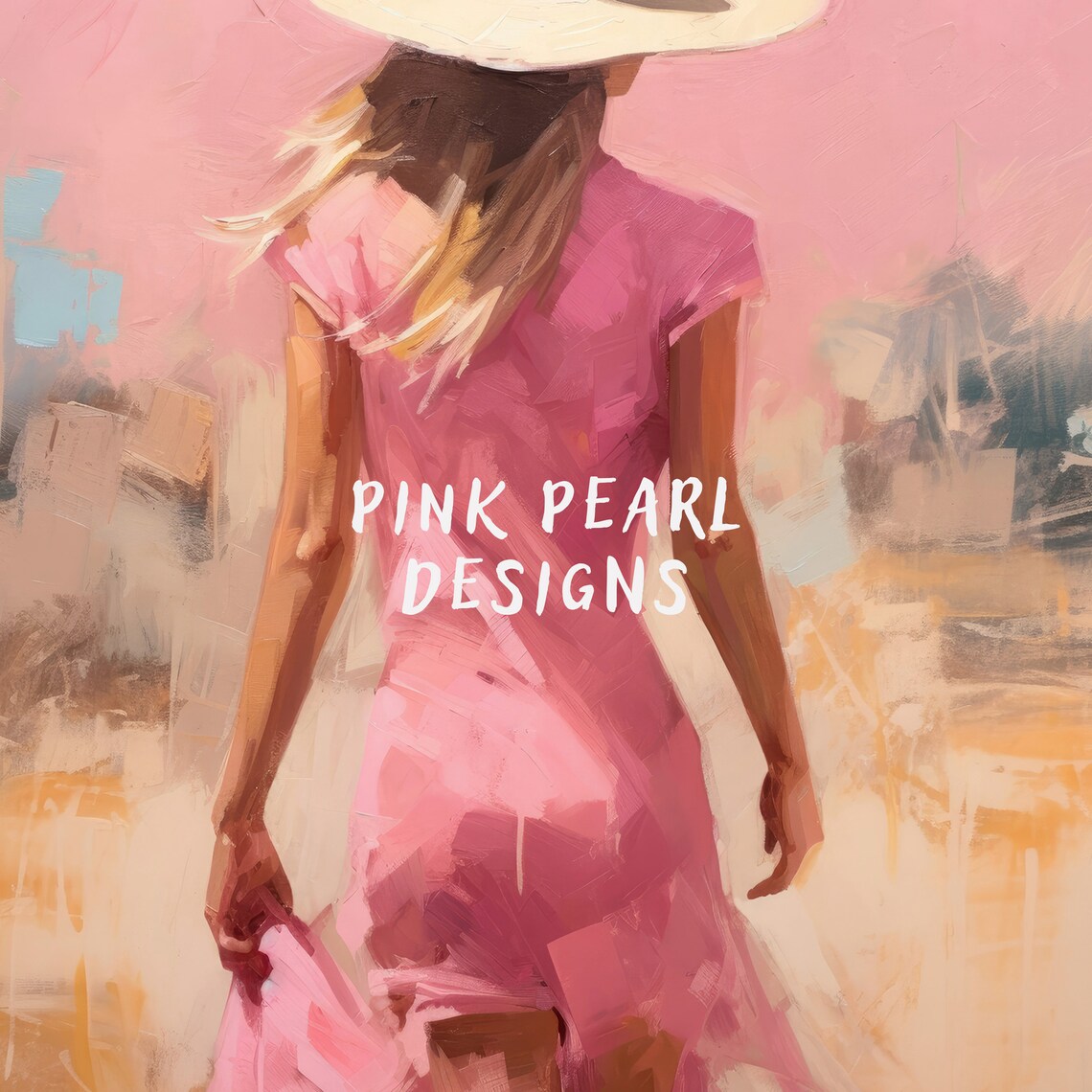 Woman in Pink Dress White Sunhat Walking Abstract Oil Painting Poster - Image 7