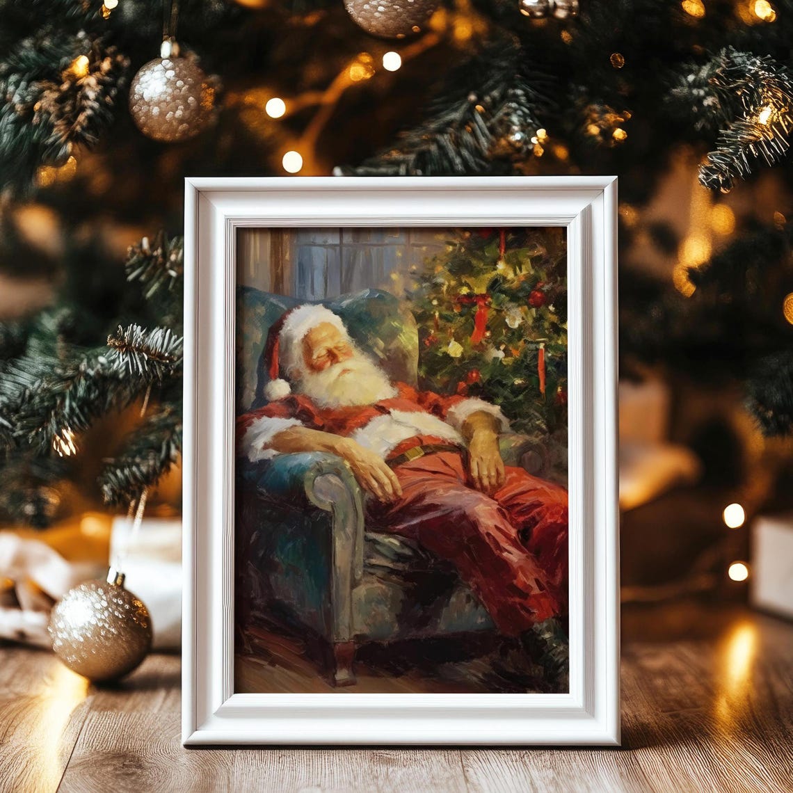 Sleeping Santa Claus Armchair Christmas Tree Painting Wall Art - Image 8