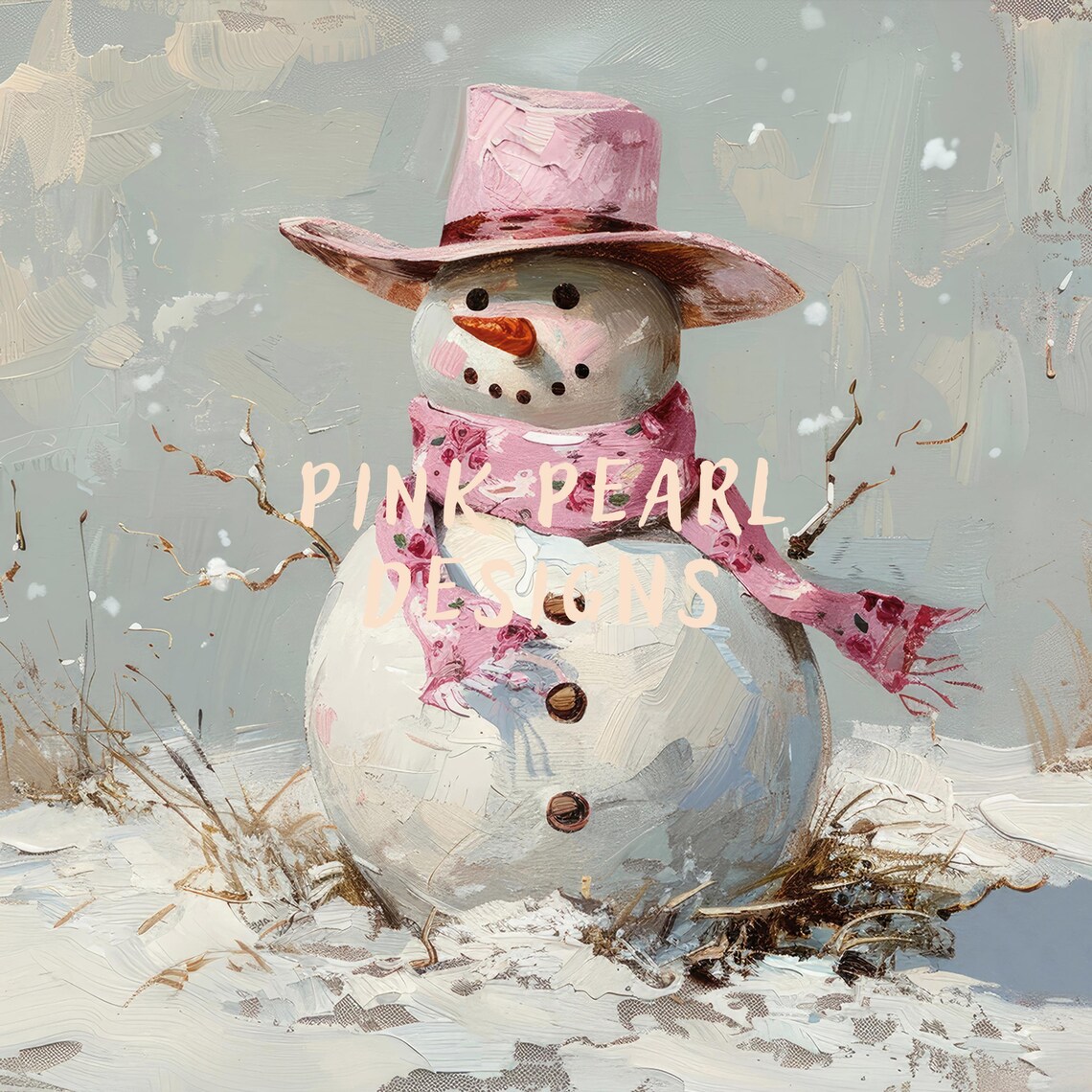Snowman With Pink Cowboy Hat Scarf Winter Western Art Poster - Image 2