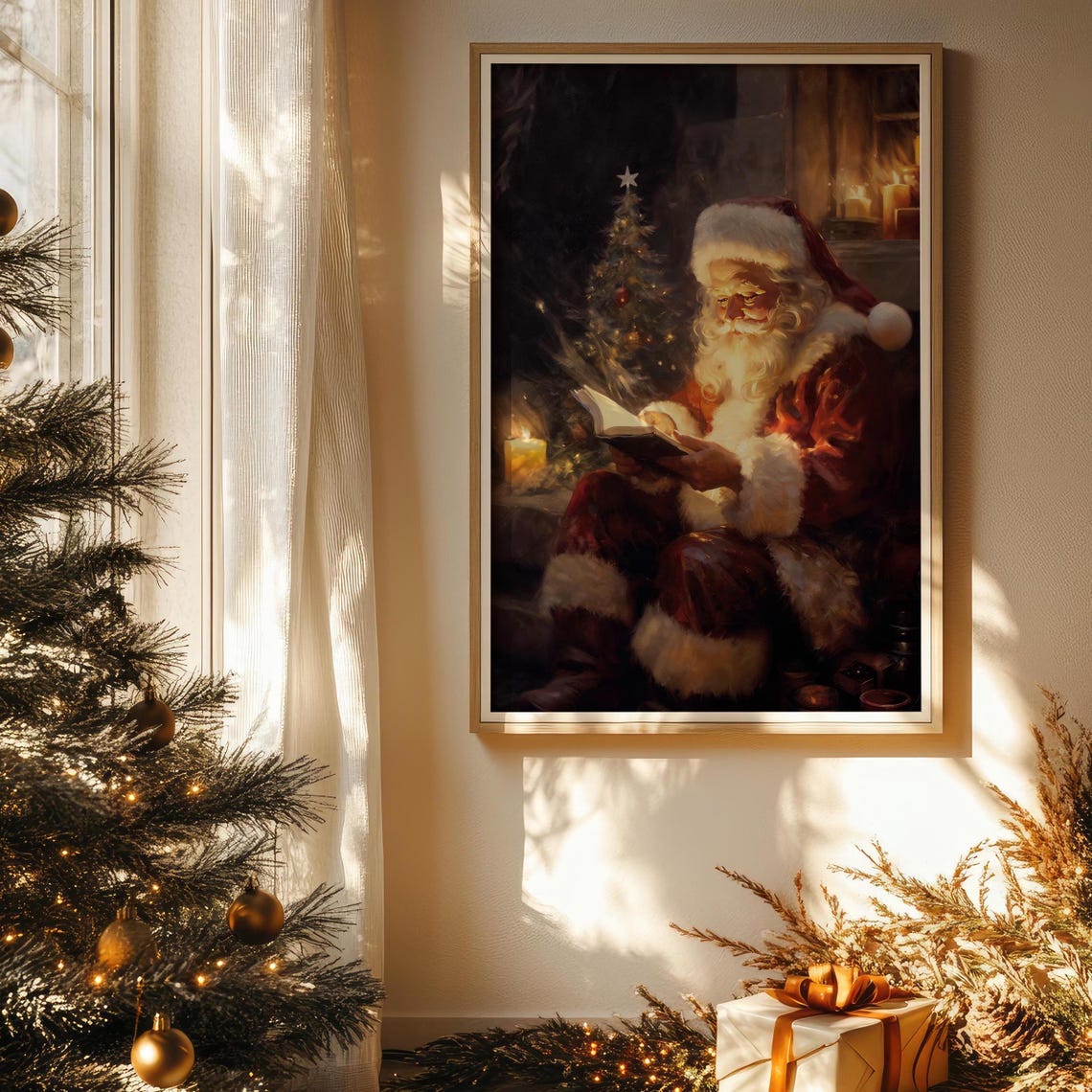 Santa Claus Reading By Candlelight Christmas Tree Art Poster