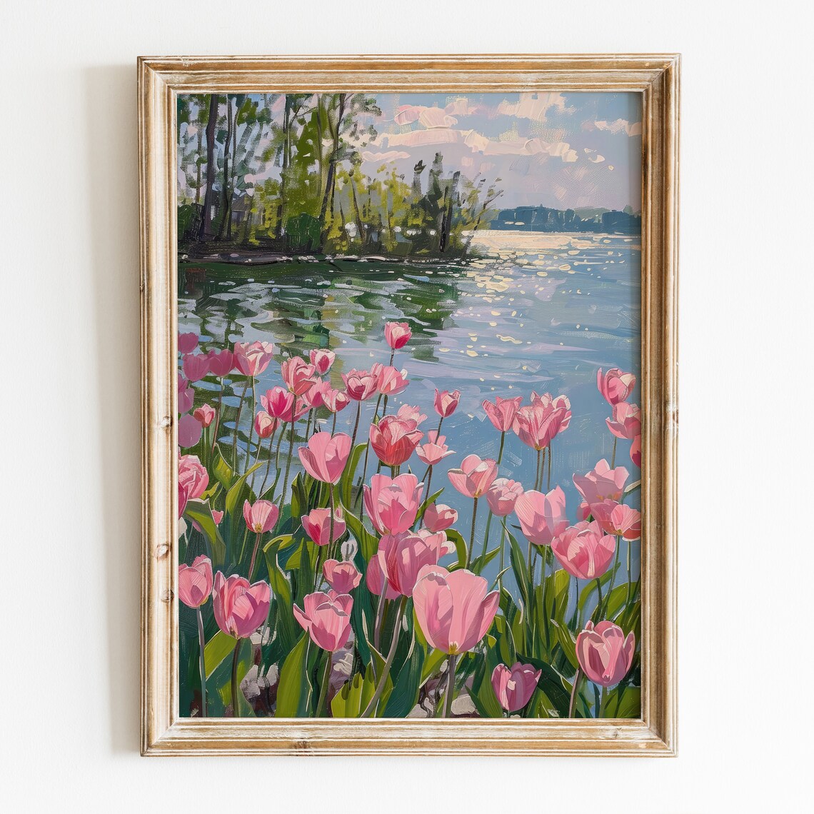 Pink Tulips Spring Lake Sparkling Water Trees Landscape Wall Art