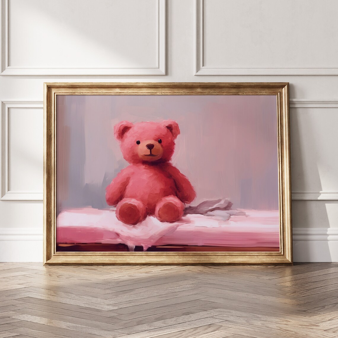Soft Pink Teddy Bear Plush Oil Painting Nursery Wall Art Print - Image 7