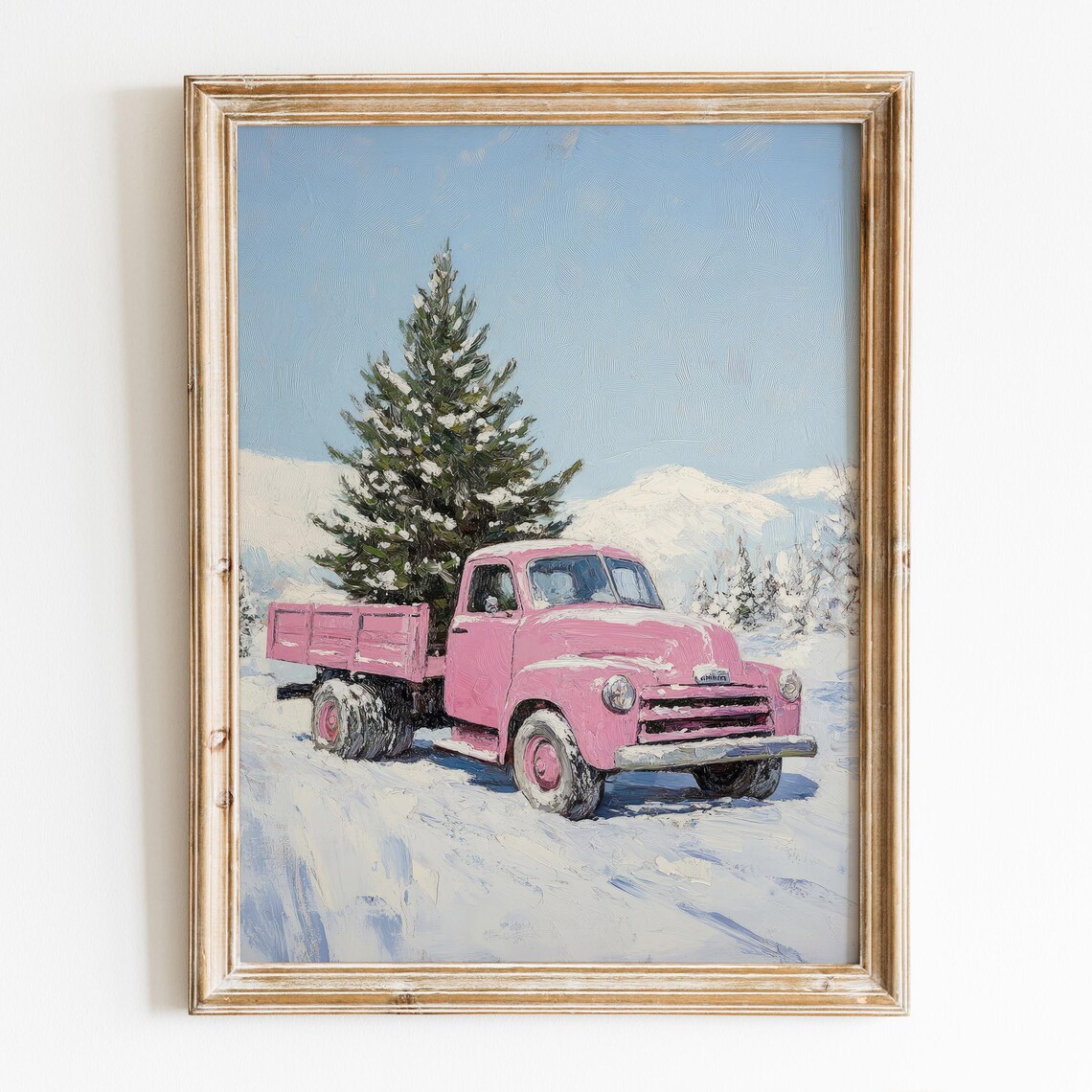Pink Vintage Truck Hauling Christmas Tree Snowy Wall Art Poster