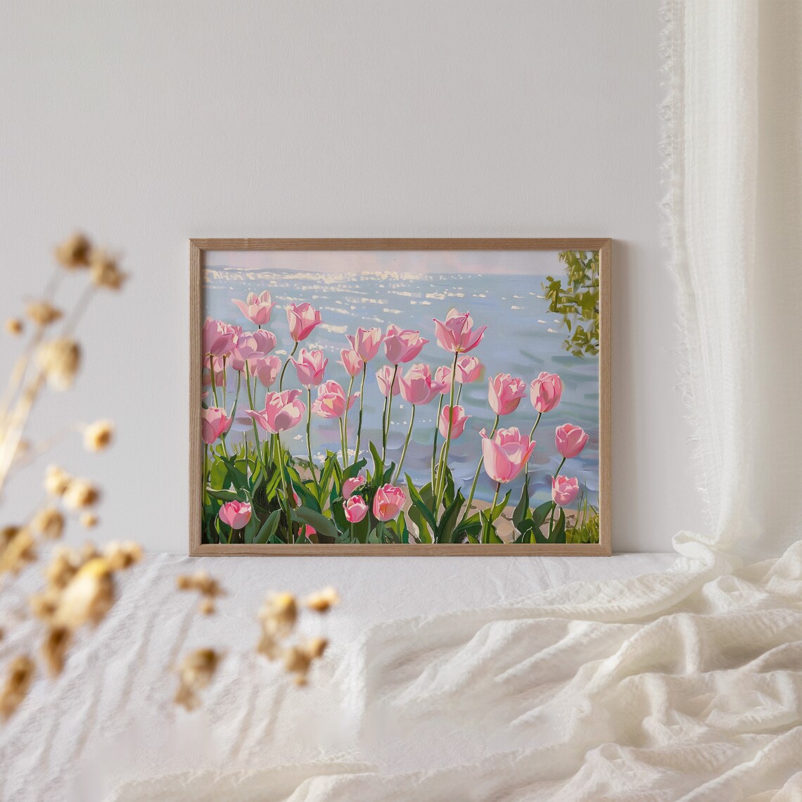 Pink Tulips Lake Landscape Spring Art Print - Image 4