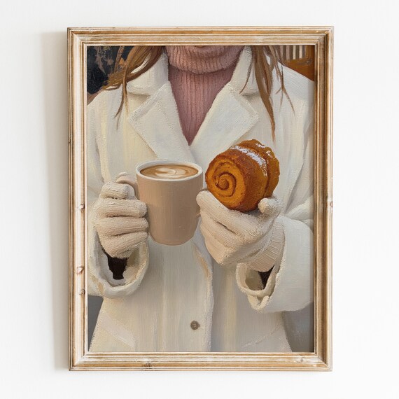 Cozy Girl With Coffee And Cinnamon Roll Winter Fashion Warm Kitchen Poster