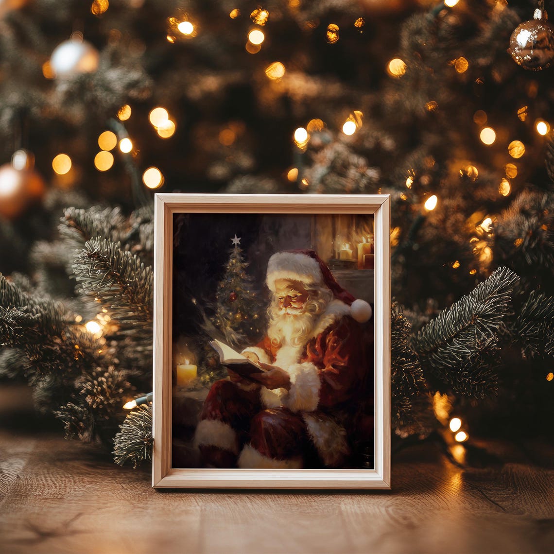 Santa Claus Reading By Candlelight Christmas Tree Art Poster - Image 4
