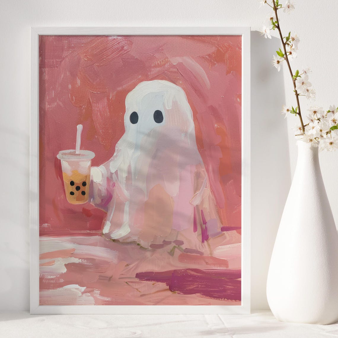 Cute Ghost With Bubble Tea Boba Pink Halloween Wall Art Poster - Image 4