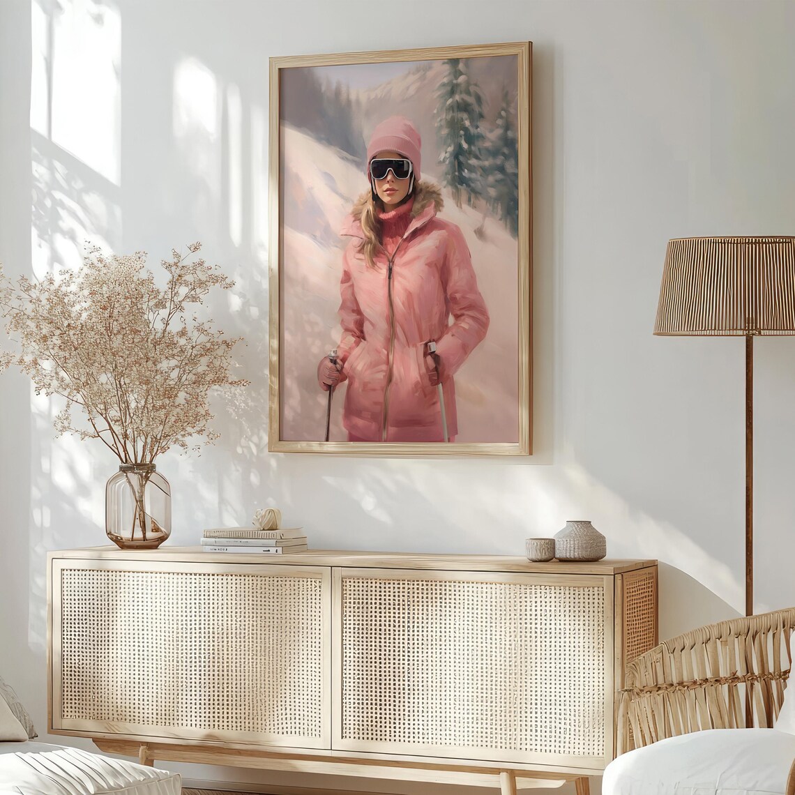 Apres Ski Fashion Pink Ski Outfit Winter Mountain Art Poster - Image 3