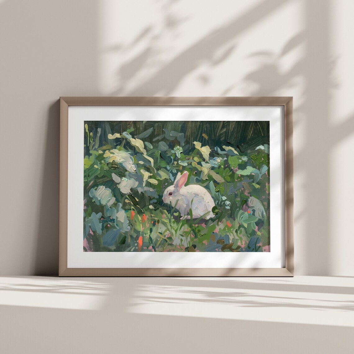 White Bunny Rabbit Lush Garden Vintage Oil Painting Wall Art - Image 5
