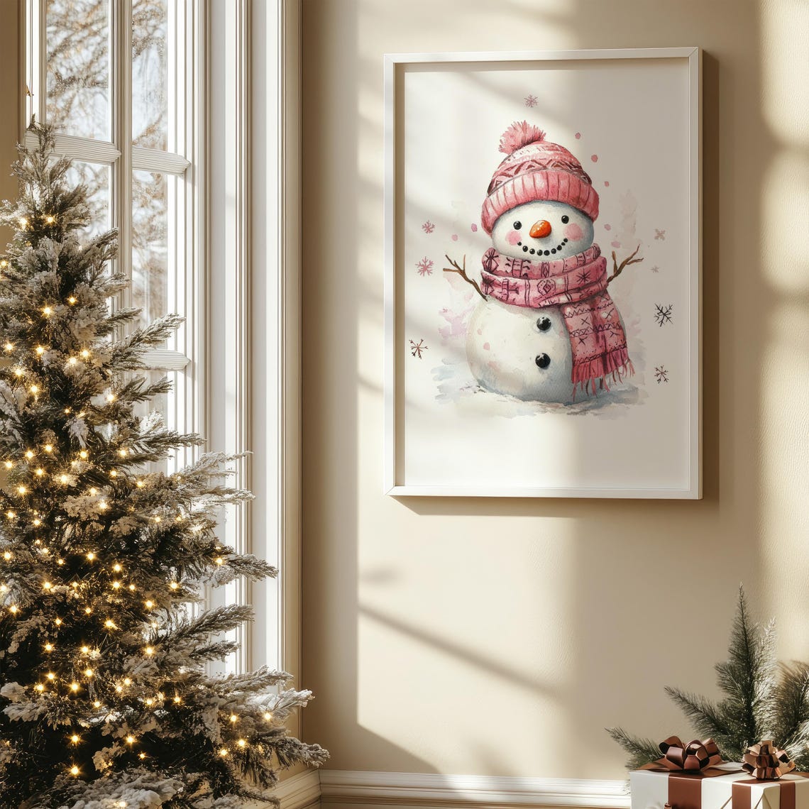 Cute Pink Snowman Watercolor Winter Christmas Wall Art Poster - Image 6