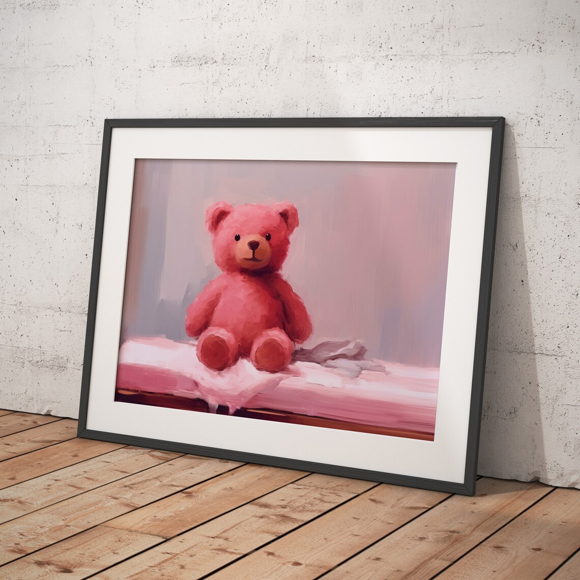 Soft Pink Teddy Bear Plush Oil Painting Nursery Wall Art Print - Image 4