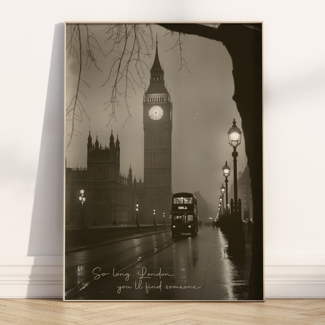 London Big Ben Moody Black and White Bus Night Song Lyrics Poster - Image 6