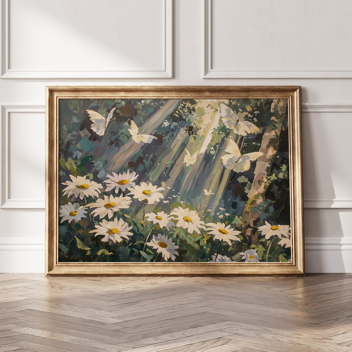 White Daisy Flowers Butterflies Sunbeam Forest Garden Art Wall Print - Image 5