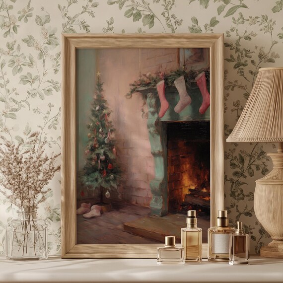 Moody Christmas Tree And Fireplace Wall Art Preppy Christmas Room Decor Girly Winter Painting Vintage Holiday