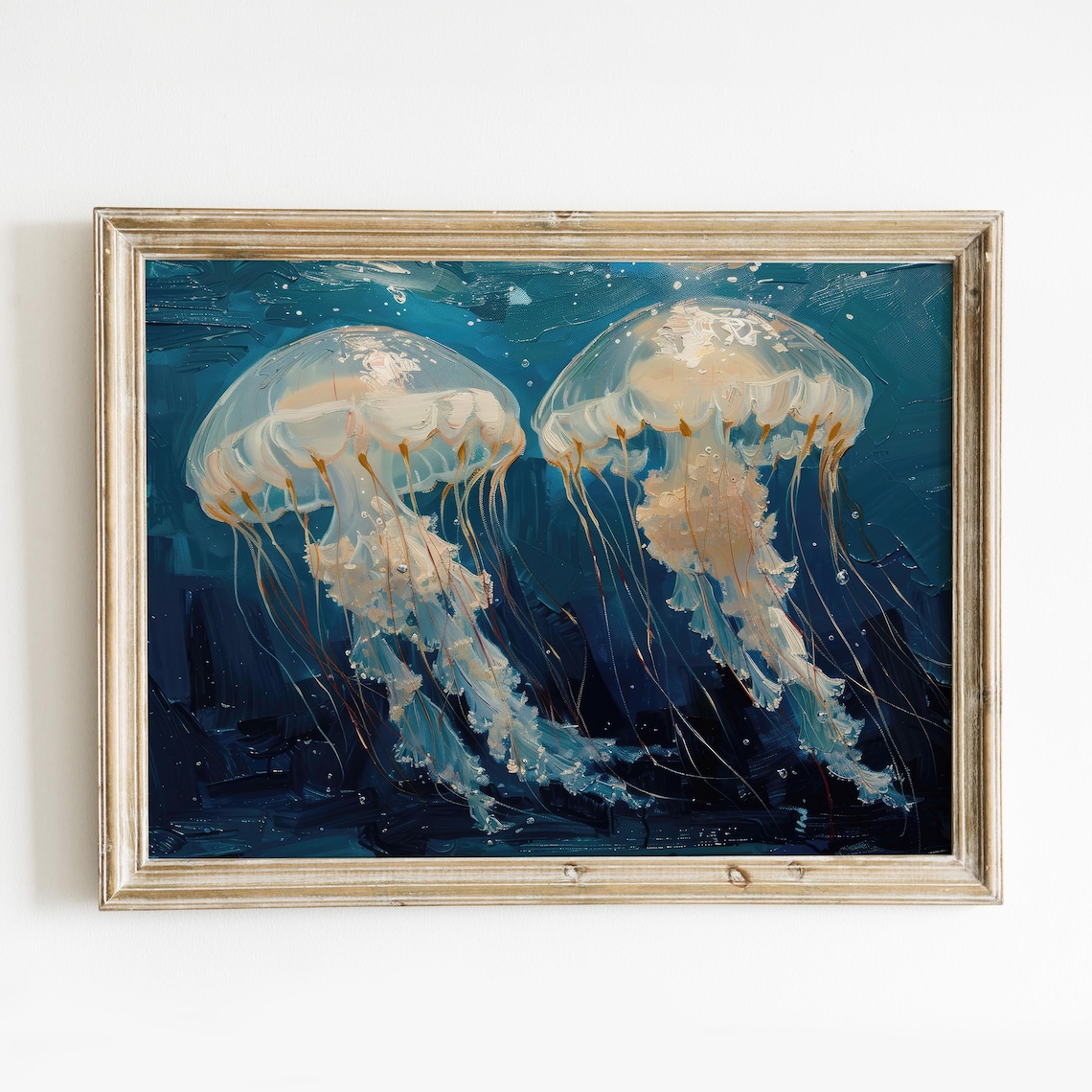 Two White Jellyfish Deep Blue Sea Underwater Oil Painting Art Print