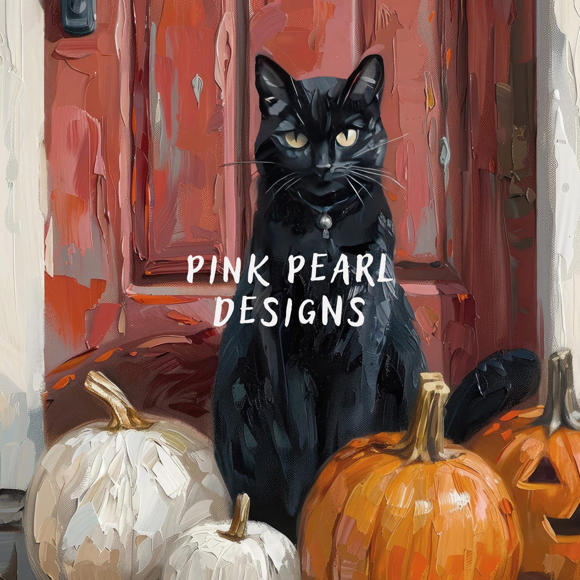 Black Cat With Pumpkins At Red Door Halloween Wall Art Poster - Image 6