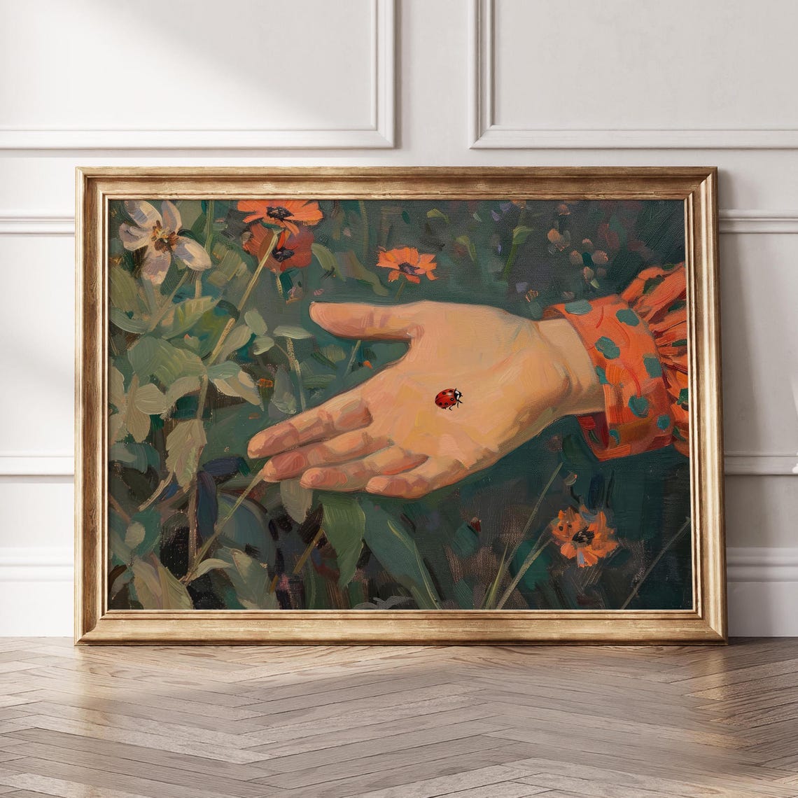 Red Ladybug Resting on Hand Wildflower Garden Spring Oil Art Print - Image 5