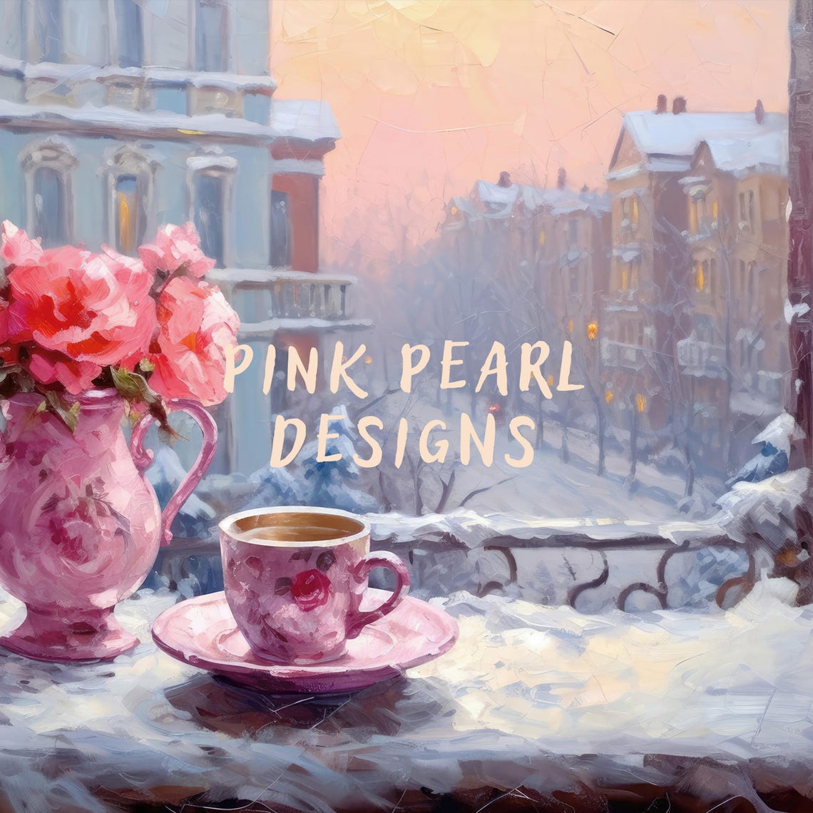 Pink Roses And Tea Cup Snowy Window View Winter Wall Art Poster - Image 2