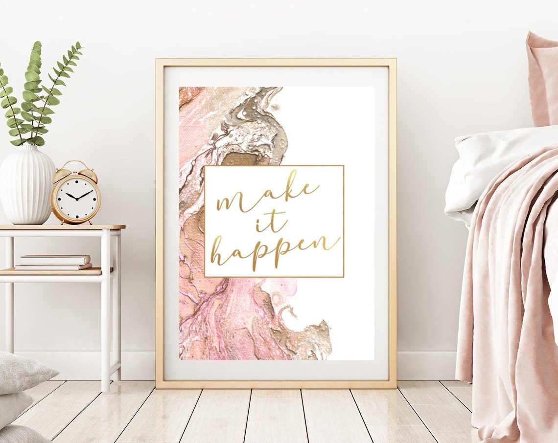 Make It Happen Gold Script Blush Pink Marble Inspirational Poster