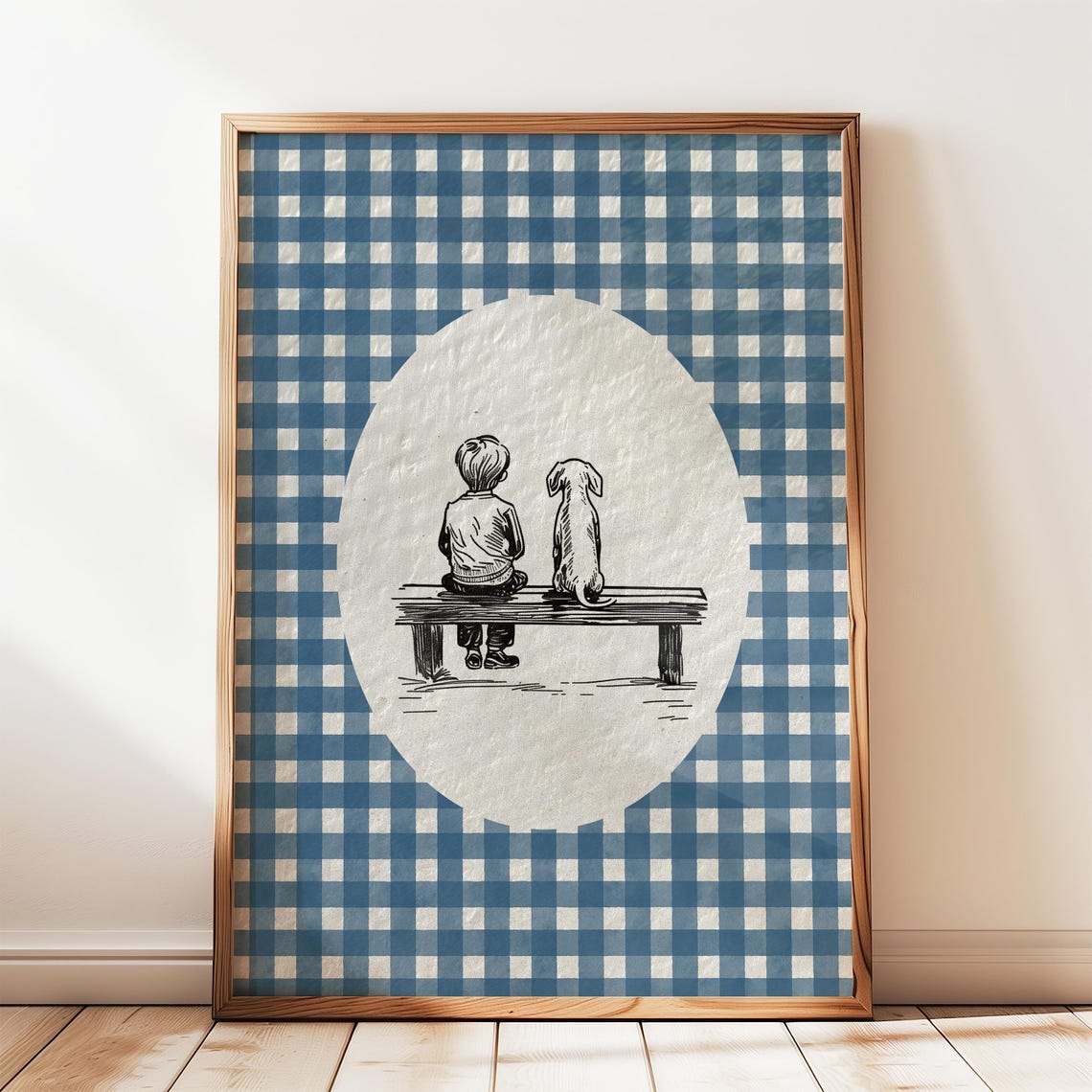 Boy and Dachshund on Bench Blue Gingham Nursery Watercolor Print