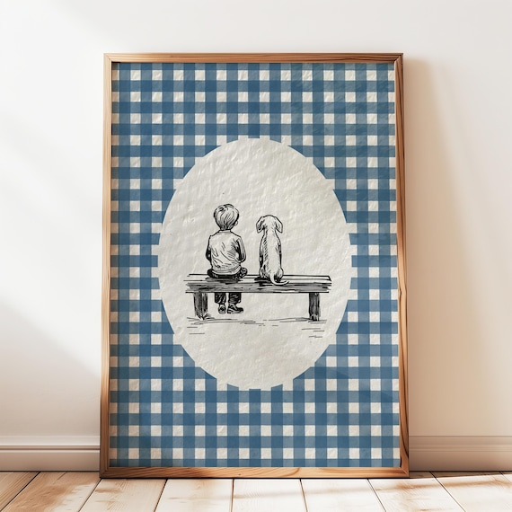 Boy and Dachshund on Bench Blue Gingham Nursery Watercolor Print