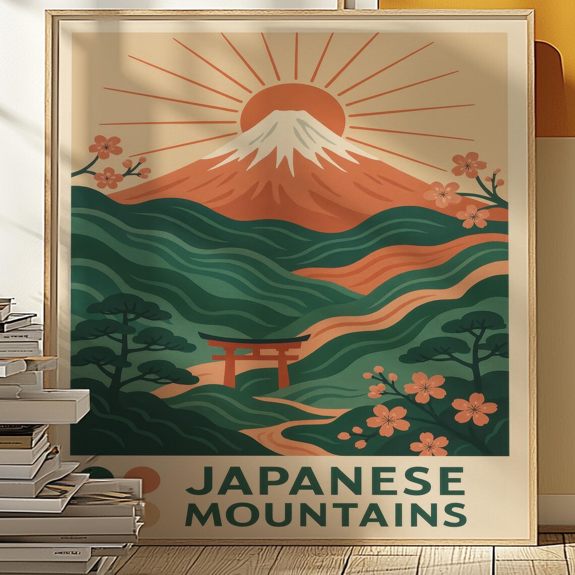 Japanese Mountains Mount Fuji Retro Travel Illustration Sunrise Poster