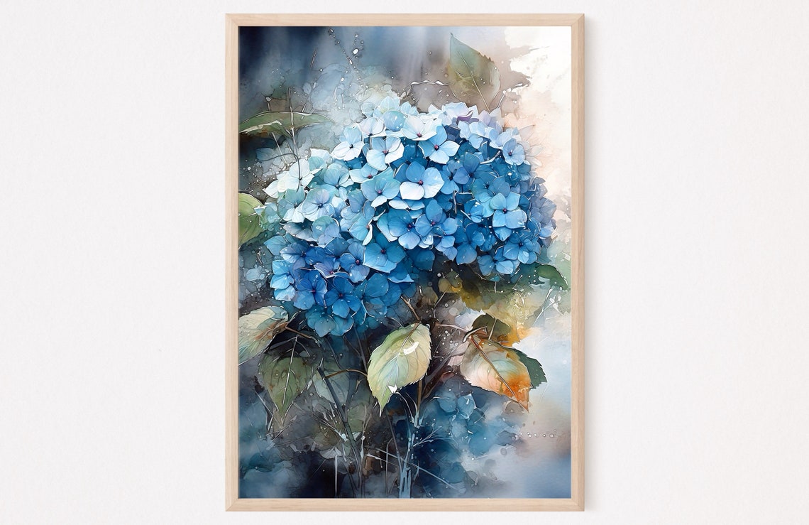 Blue Hydrangea Flower Head Lush Botanical Watercolor Floral Poster