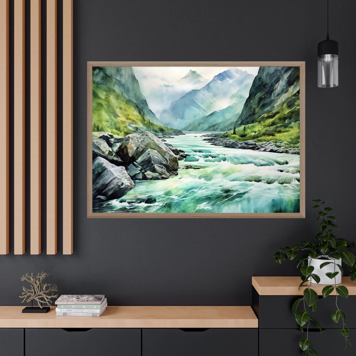 Turquoise River Rushing Misty Mountain Valley Boulders Art Poster - Image 3
