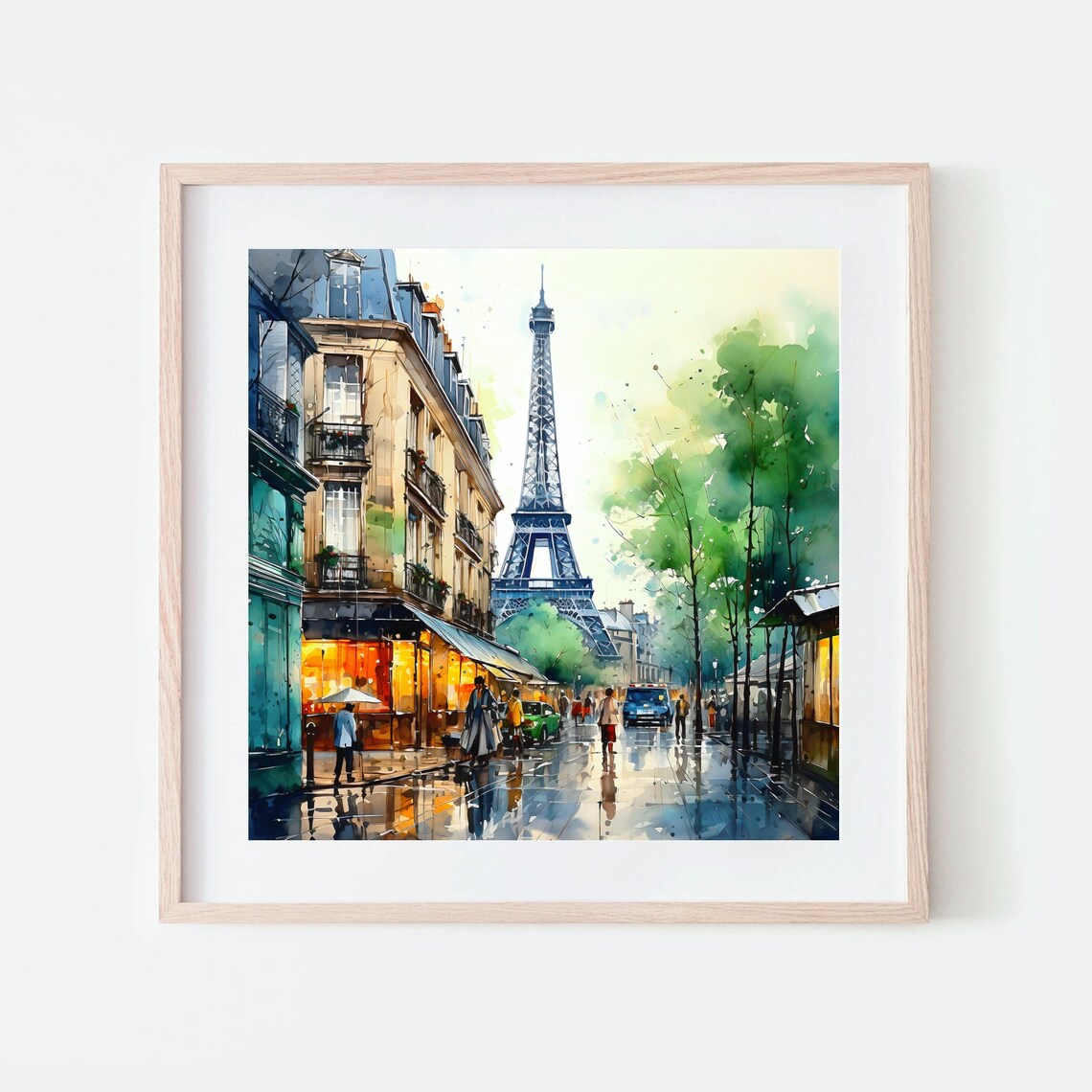 Paris Eiffel Tower Rainy Evening Street Cafe Watercolor Poster - Image 3