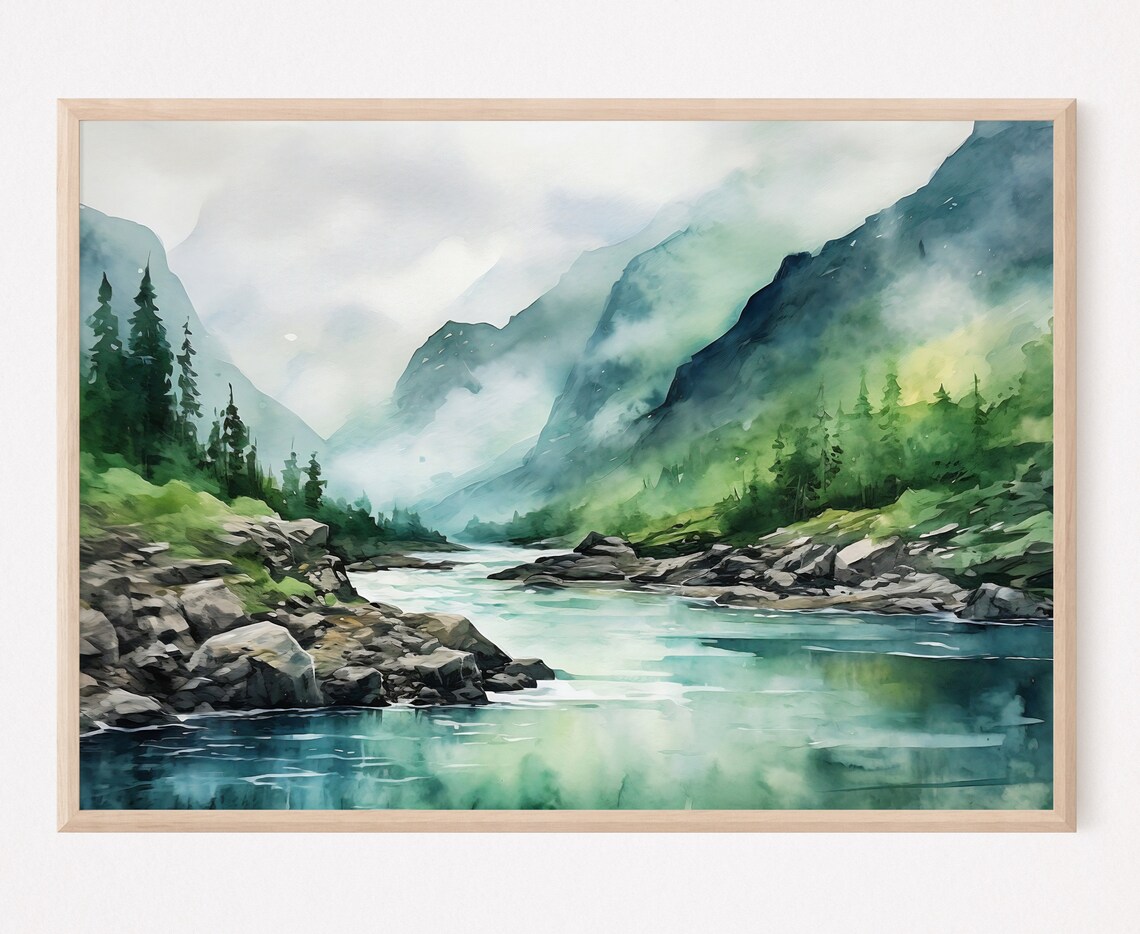 Mountain River Watercolor Print, Misty Forest Landscape