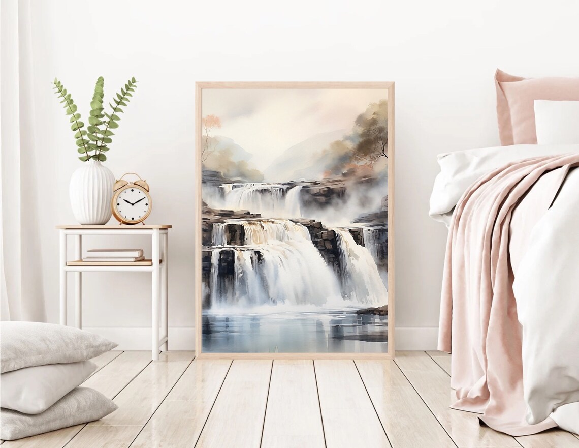 Cascading Waterfall Over Rocks Misty Watercolor Nature Art Poster - Image 2