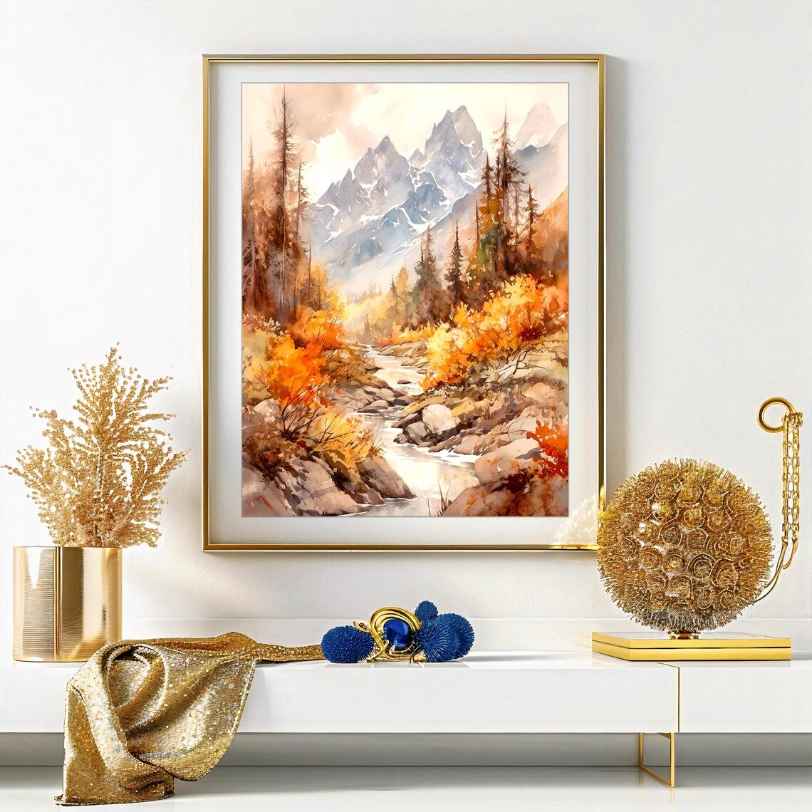 Autumn Forest Stream Winding Through Golden Trees Watercolor View Poster - Image 4