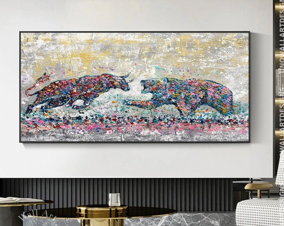 Colorful Bull Vs Bear Abstract Painting Stock Market Finance Decor Poster