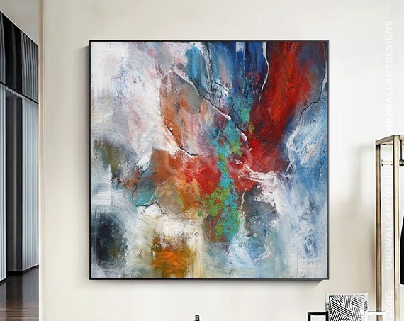 Extra Large Abstract Wall Art Blue Red Hand Painted Colorful Textured Artwork Fancy Wall Decor Oversize Handmade Painting