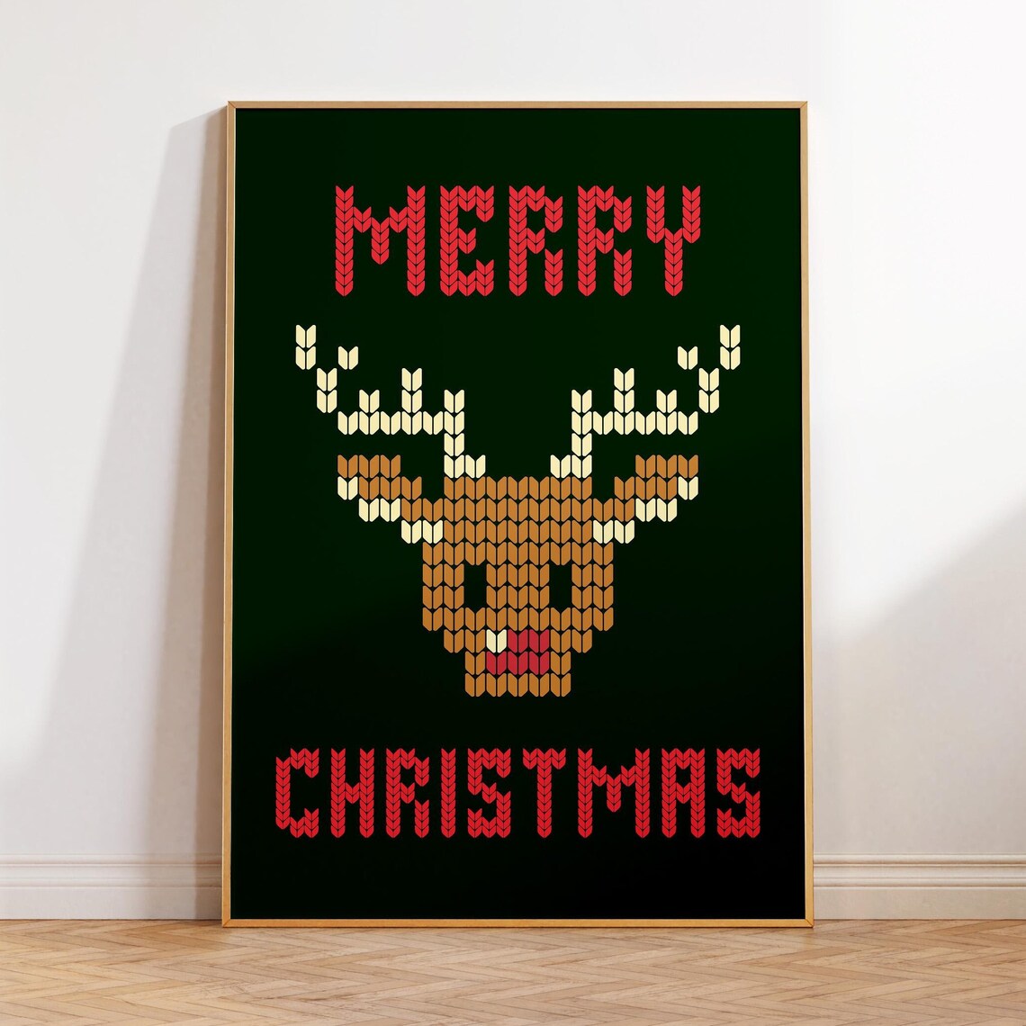 Merry Christmas Knit Reindeer Sweater Style Festive Holiday Poster