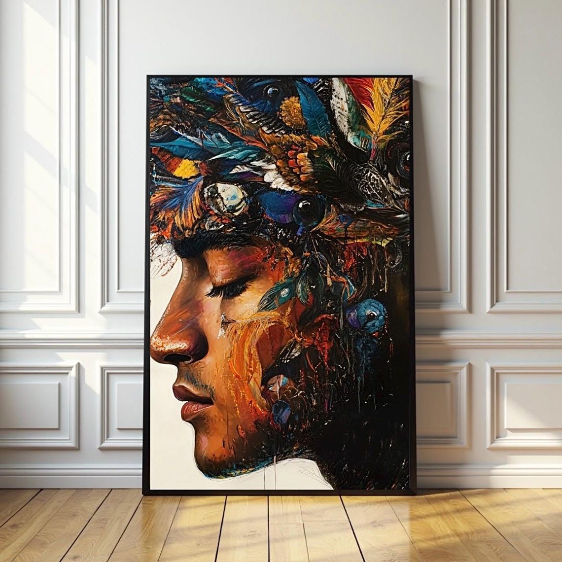 Contemplative Man Wearing a Feather Headdress Mixed Media Poster