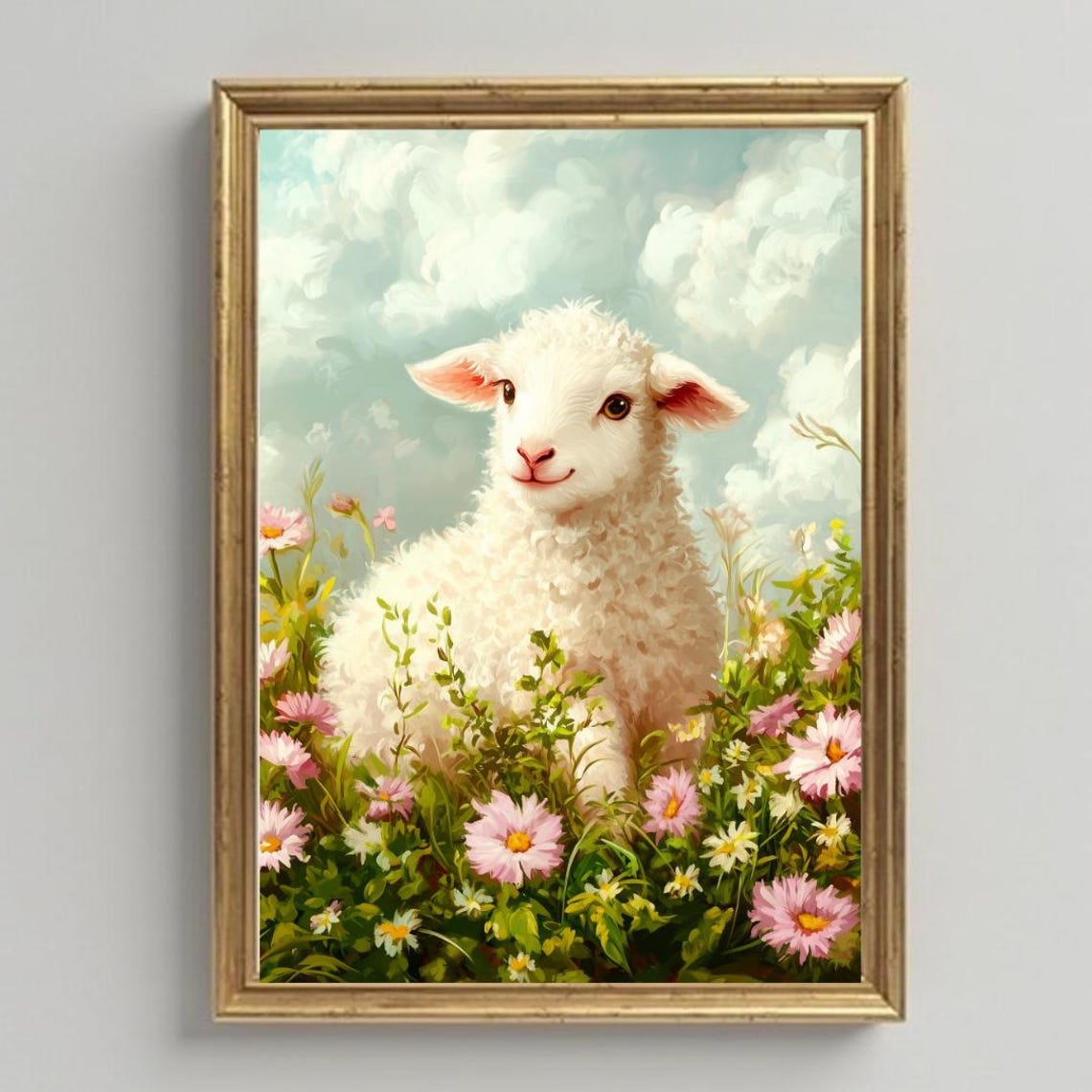 Fluffy White Lamb Smiling in a Spring Wildflower Meadow Poster