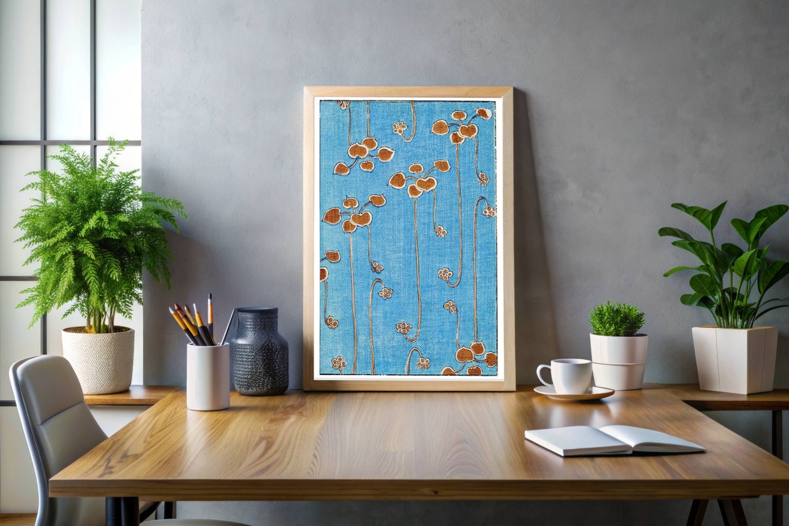 Watanabe Seitei Botanical Woodblock Blue Ground Leaf Art Poster - Image 3