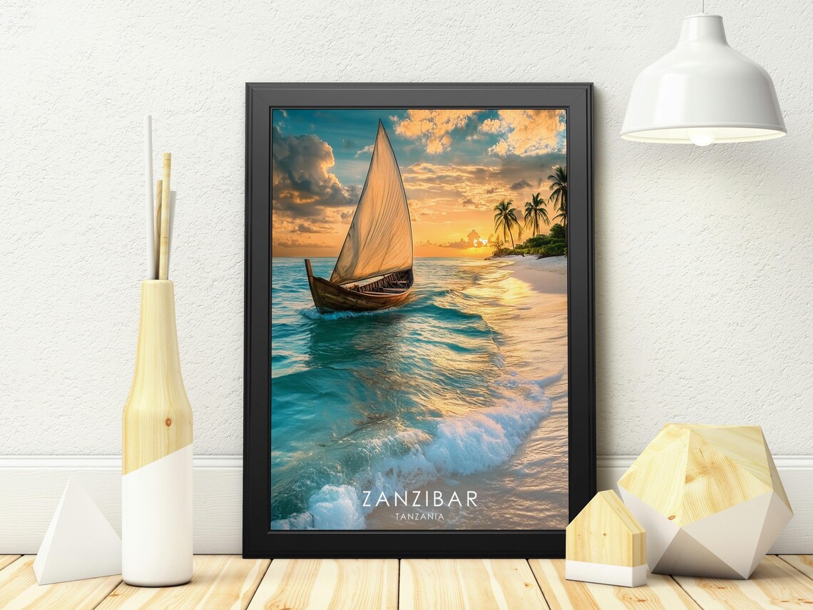 Zanzibar Travel Poster, Tropical Beach Scene - Image 3