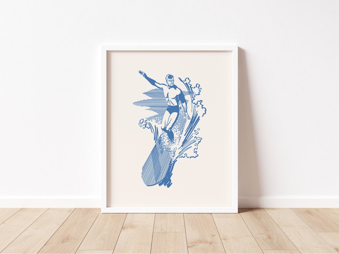 Retro Blue Surfer Riding Ocean Wave Vintage Surf Line Art Print - Image 2
