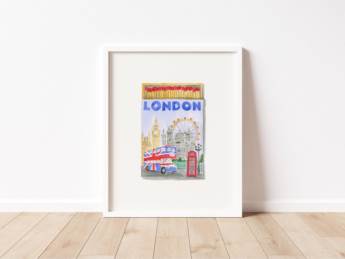 London Watercolor Matchbox Print with Big Ben and Red Bus Art - Image 2