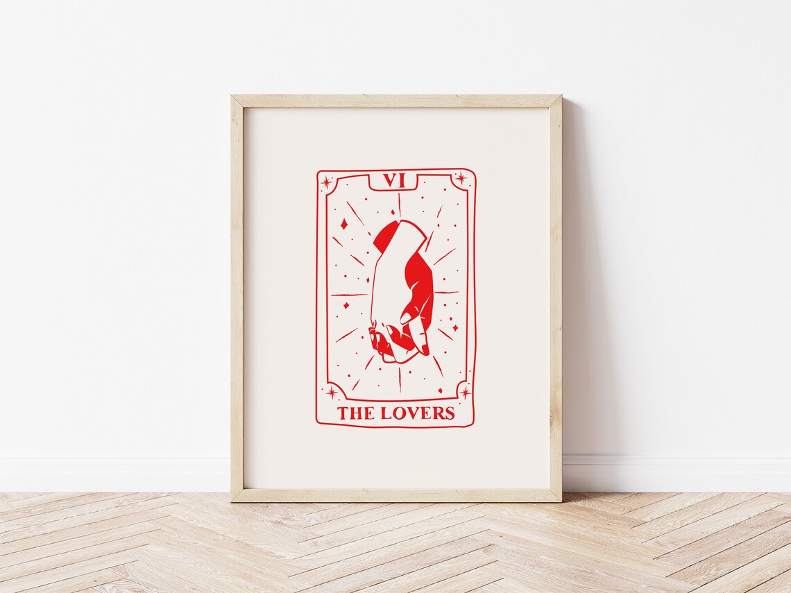 The Lovers Tarot Card Red Line Art Spiritual Mystic Couple Print - Image 2