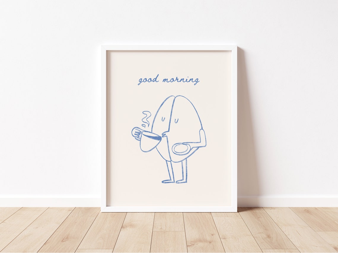 Cute Good Morning Coffee Character Blue Kitchen Line Art Print - Image 2