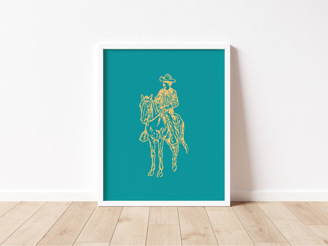 Cowboy on Horseback Cream Line Art Teal Blue Background Poster - Image 2