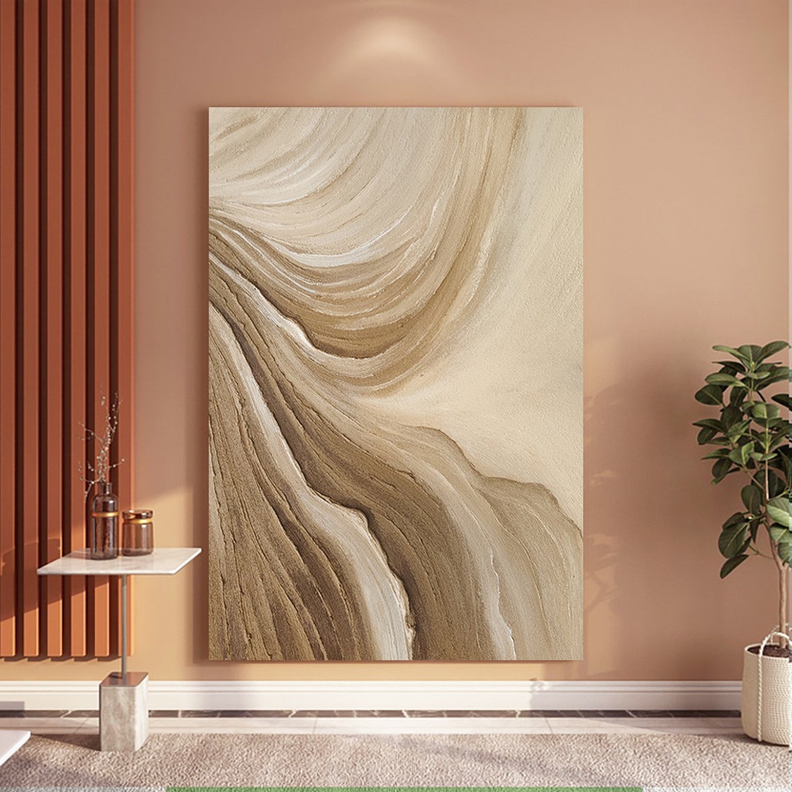 Time River Brown Beige Wavy Abstract Textured Canvas Wall Art - Image 2