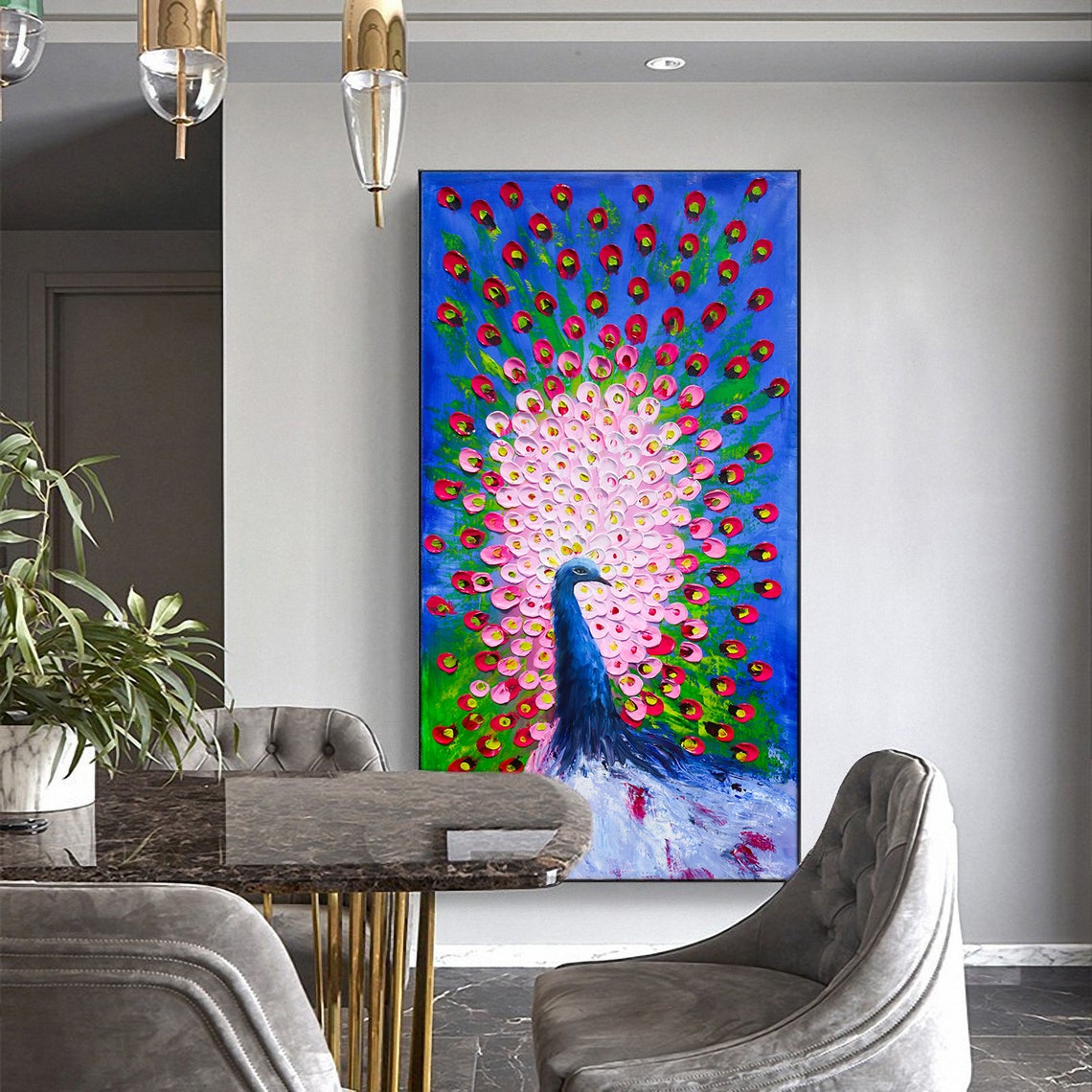 Vibrant Abstract Peacock With Colorful Fanned Feather Oil Poster - Image 2