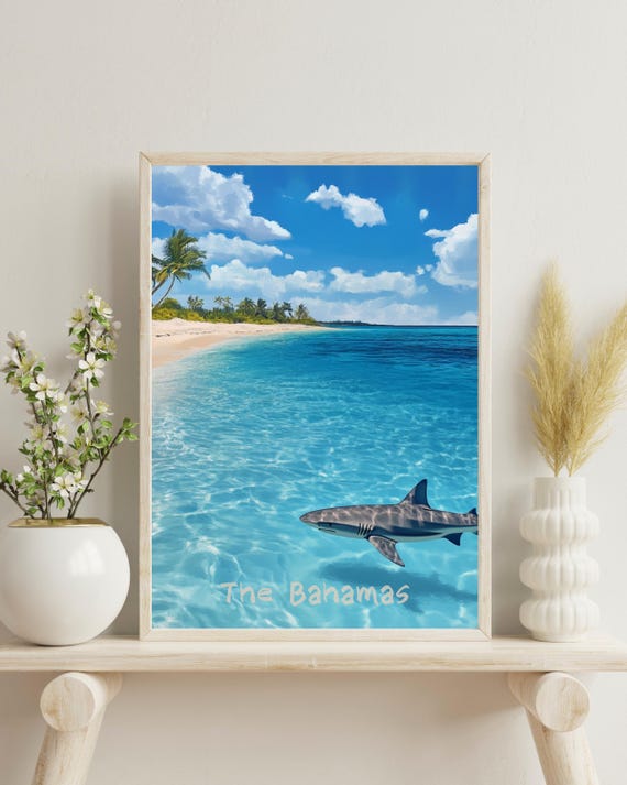 Tropical Shark Art Print, Bahamas Travel Poster