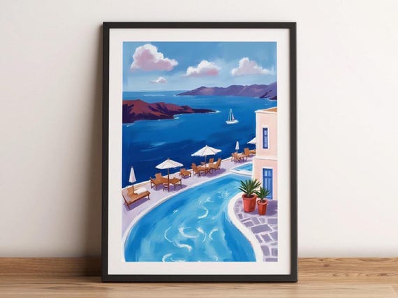Pool View Greece Santorini Oil Painting Wall Art Hot Summer Watercolor Travel Print Home Decor Greek Island Artwork Poster
